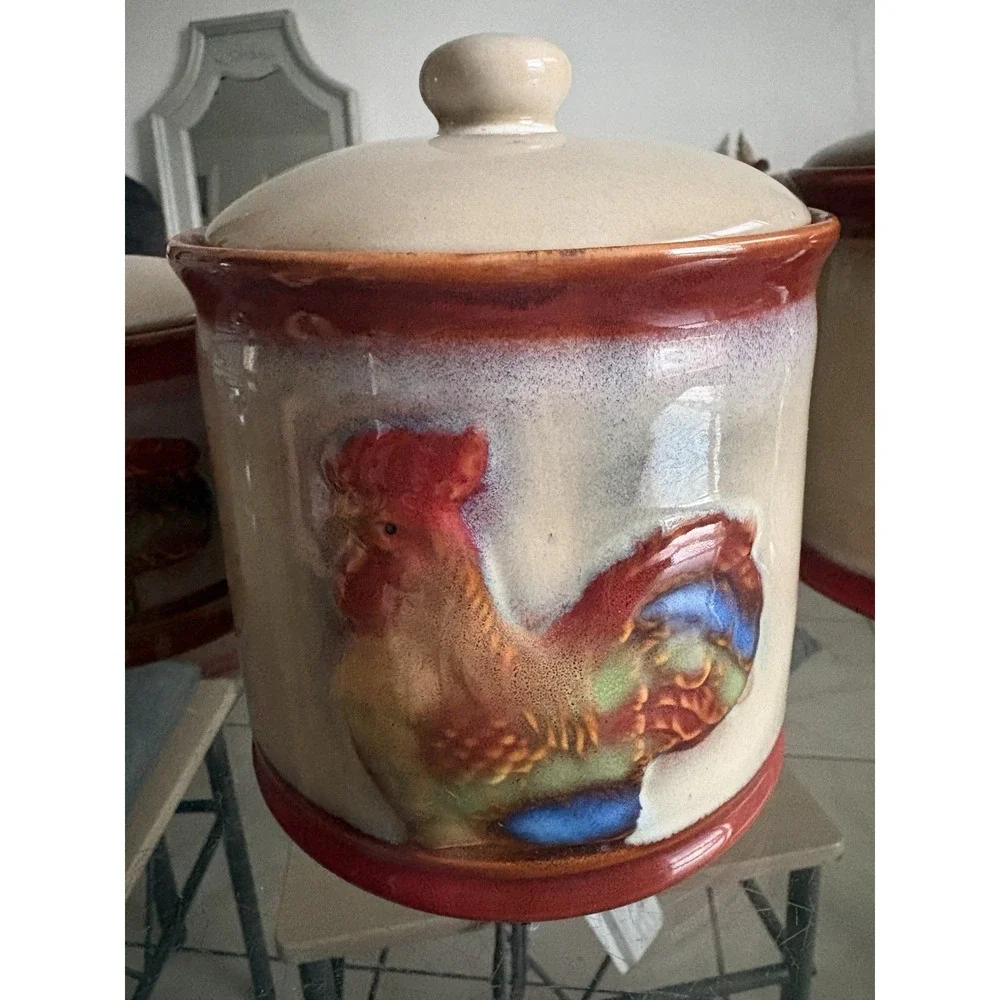 Vintage Ceramic Rooster Canister Set of 3 Drip Glaze Farmhouse Kitchen Jars